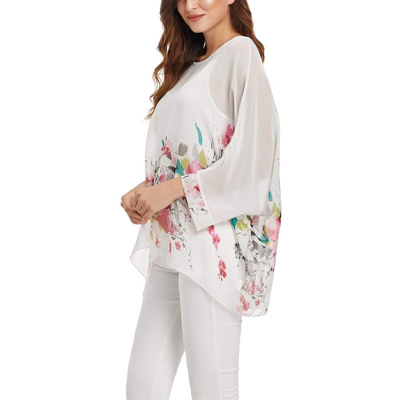 Ckikiou Plus Size Batwing Flowy Semi Sheer Chiffon Blouse Tunic for Women Summer Floral Print Boho Beach Cover ups - Image 4
